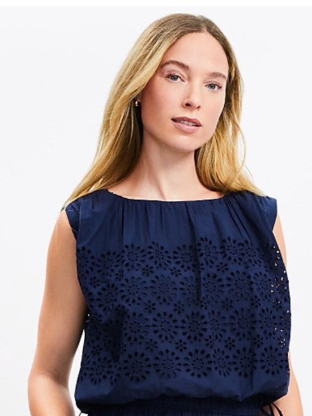 LOFT Navy Eyelet Tie-Hem Sleeveless Blouse